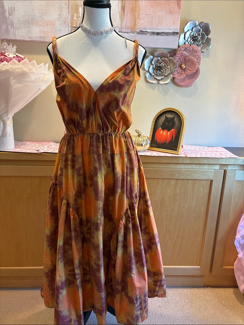 Ulla Johnson Valentina Tie-Dye Midi Dress in Sunset Orange / Brown Size 0
